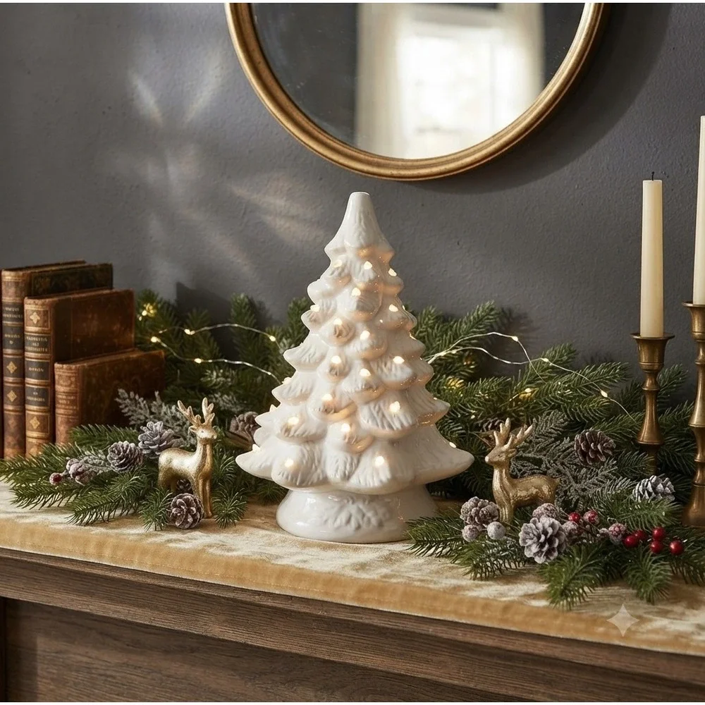 White Ceramic Lighted Christmas Tree 12 Inch Tabletop Holiday Decor Glossy Glaze